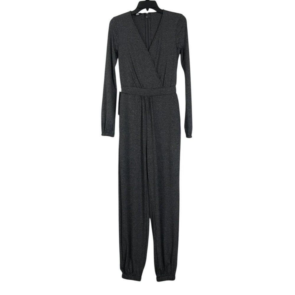 Bebe‎ Jumpsuit Womens Size Small Gray Jersey Surplice Tapered Joggers V Neck